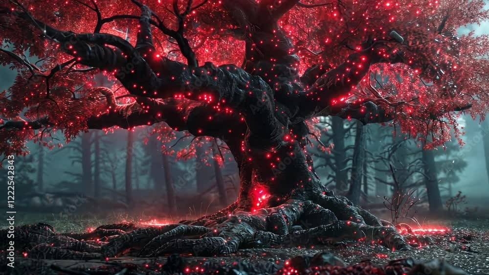 Fototapete a stunning red glowing tree stands majestically in an enchanting forest filled with a soft mist. its