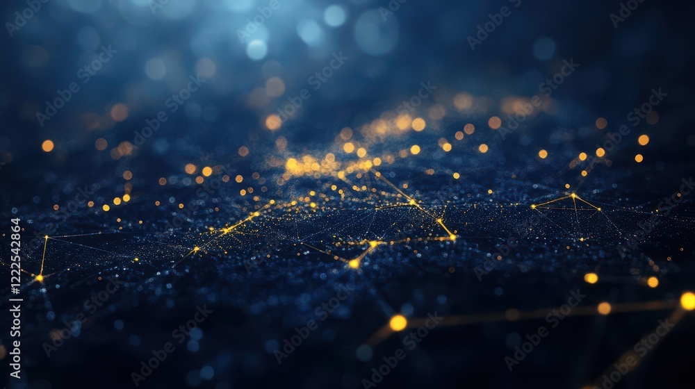 Poster abstract network connection background with golden points and soft blue bokeh