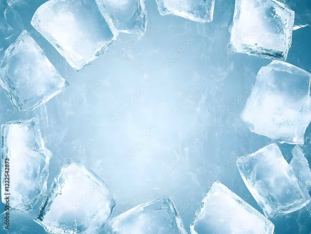 Poster ice cubes form a cool, refreshing circle on a blue background with a soft glow.