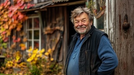 A friendly elderly man stands next to a rustic cabin, adorned with vibrant autumn leaves. The warm colors create a welcoming atmosphere in the countryside, showcasing nature's beauty