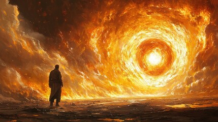 Fototapeta premium Fiery Vortex: A Solitary Figure Contemplates a Celestial Inferno