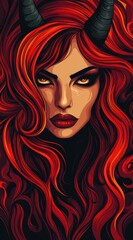 Enchanting She-Devil with Horns and Fiery Red Hair Luring Souls Amidst Mystical Darkness - Seductive Female Demon Illustration, Generative AI