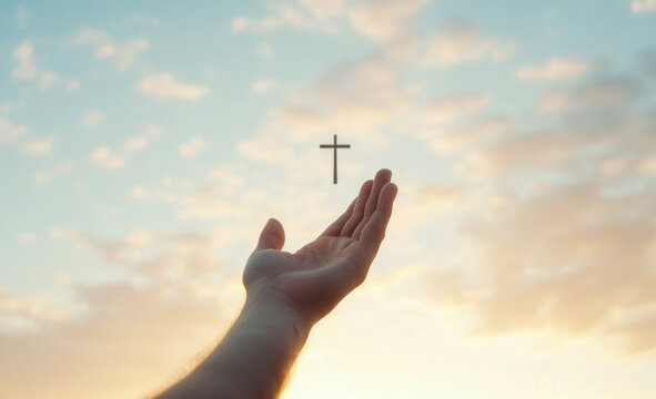 Hand reaching upward with a cross illuminated in a beautiful sky
