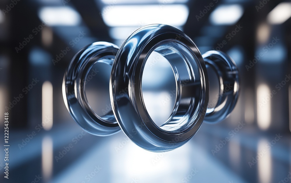 Aufkleber abstract 3d rendering of three glossy metallic rings floating in a modern, industrial space.