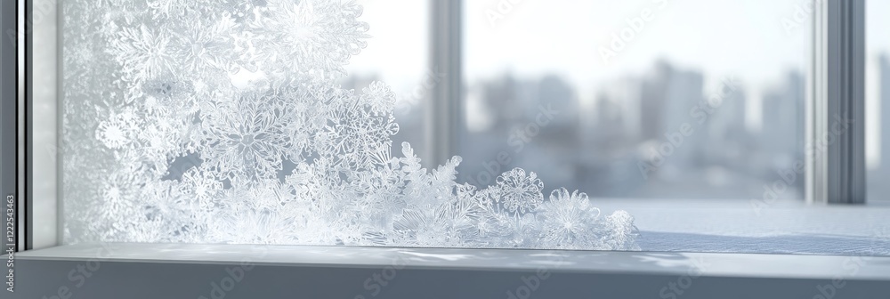 Poster frosted window with intricate snowflake patterns and urban background