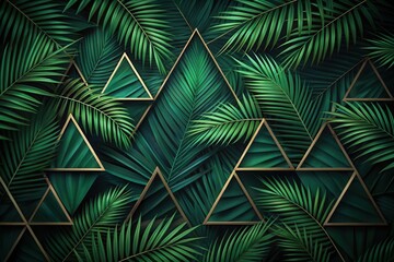 Obraz premium Lush Tropical Foliage Arranged in Geometric Golden Triangles A Vibrant, Textured Botanical Background