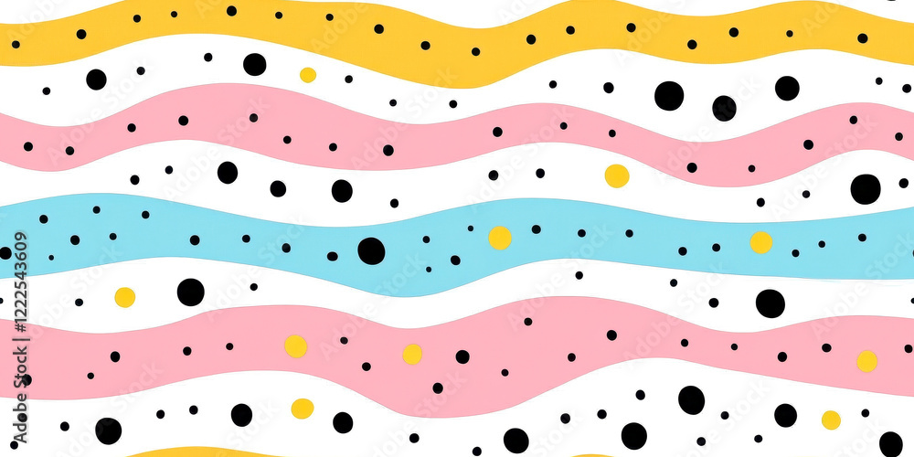 Wall mural colorful wavy lines and dots seamless repetitive pattern on white background