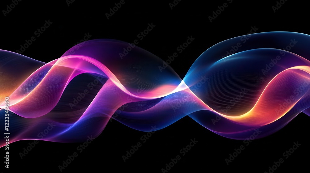 Poster abstract luminous wavy flow with gradient colors on black background.