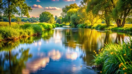 Fototapeta premium Dreamy Stopham Arun River bokeh. West Sussex's scenic beauty captured in soft-focus UK landscape.