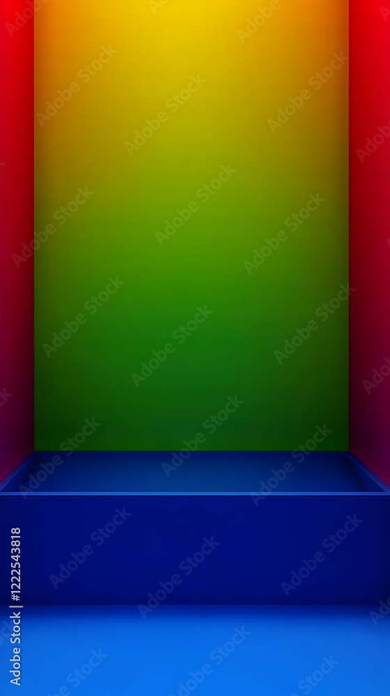 Poster 3d rendered empty blue platform in a room with colorful gradient backdrop