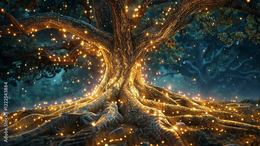 Poster the scene showcases an ancient tree with magnificent roots glowing softly in the dark forest. tiny l