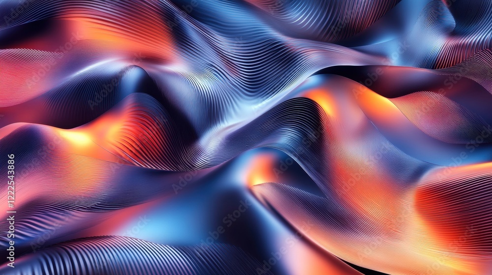 Poster dynamic abstract wave pattern with metallic finish in gradient blue and orange.