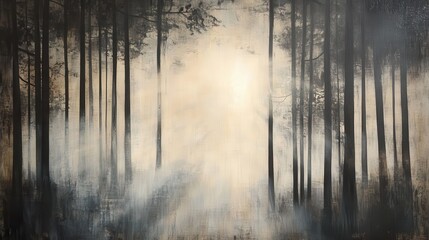 Ethereal Forest Painting with Fog and Light, Dark Trees and Abstract Landscape.