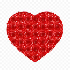 Red heart shape made of bright sequins. Isolated on transparent background. Vector illustration