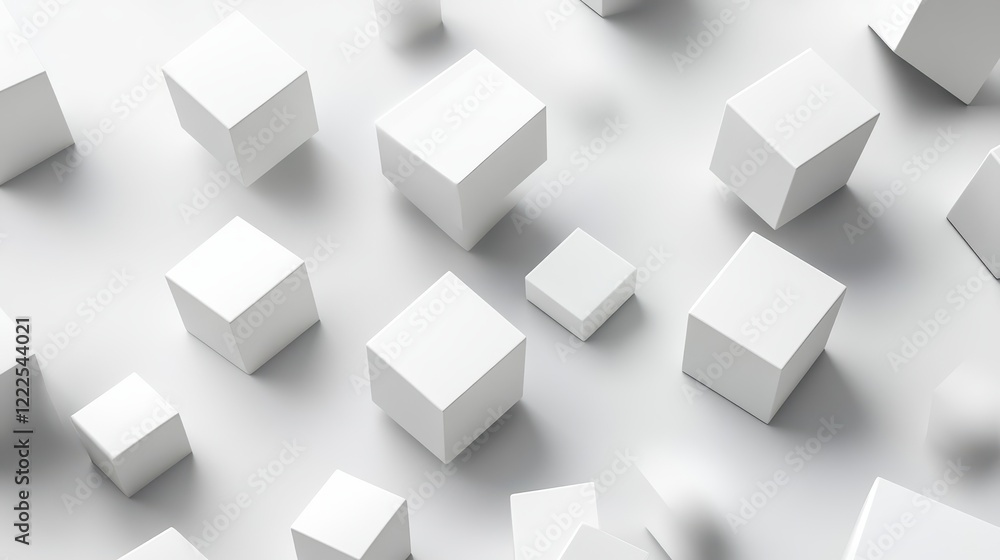 Poster minimalist white cubes abstract pattern, 3d rendering on light background.