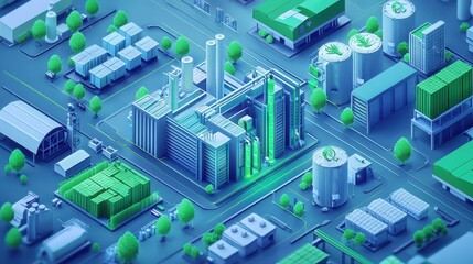 A cityscape with a green building in the middle