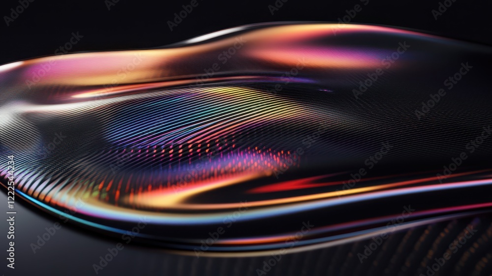 Poster abstract iridescent fluid surface with wavy lines and gradient reflections on dark background.