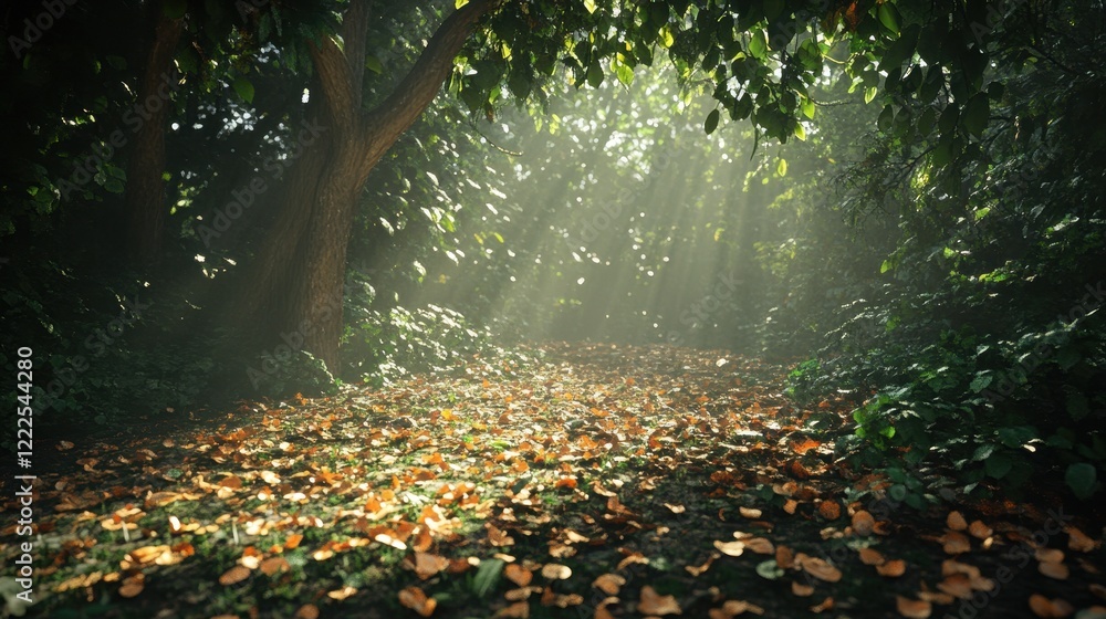 Poster mystical forest path with sunlight streaming through trees and autumn leaves.