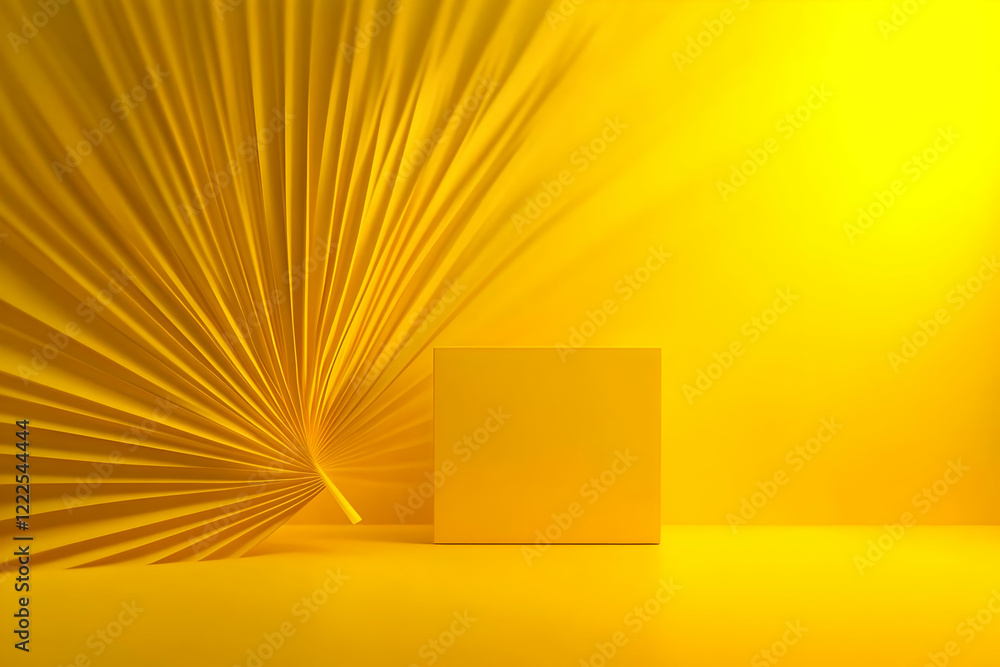 Poster 3d yellow abstract background with podium and folded paper fan creates a modern display space