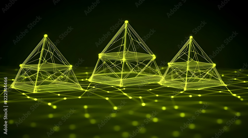 Aufkleber three glowing green wireframe pyramids on a network surface