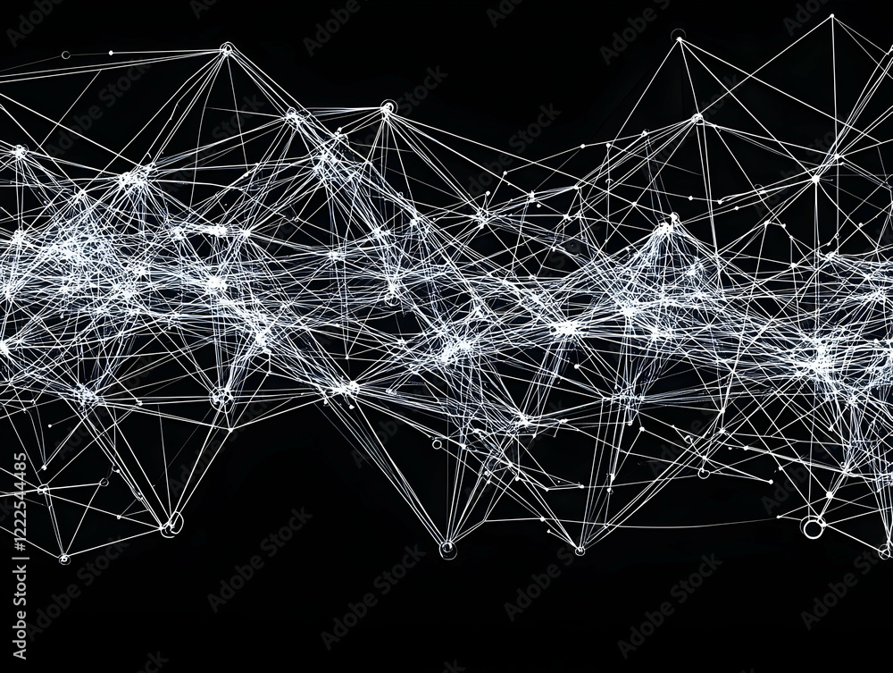 Poster abstract white network pattern connecting dots and lines on a black background