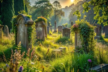Obraz premium Tranquil graveyard scene at sunrise, ancient weathered headstones overgrown with vibrant wildflowers and lush greenery, bathed in golden sunlight