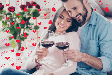 Concept of spending holidays weekends together. Cropped close up photo of attractive excited peaceful cheerful woman and bearded dressed in casual clothes man are clinking and saying toasts