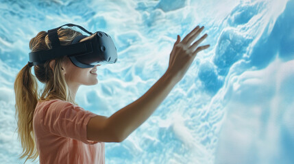 Young woman exploring a virtual environment using a VR headset