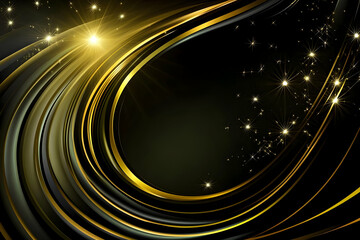 Abstract Background with Golden Swirls Flowing Gracefully and Sparkling Stars on Dark Backdrop