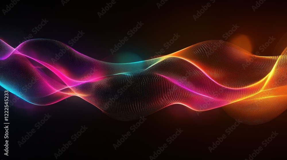 Poster abstract digital wavy lines with colorful gradient on dark background.
