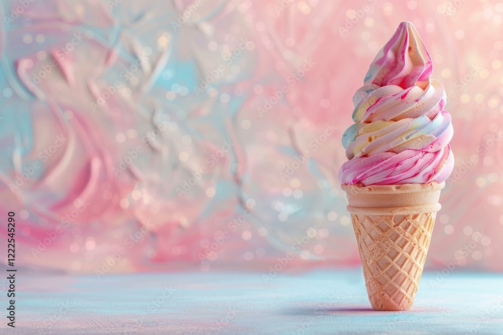 Poster delicious rainbow soft serve ice cream in a waffle cone is standing on a table with a colorful bokeh