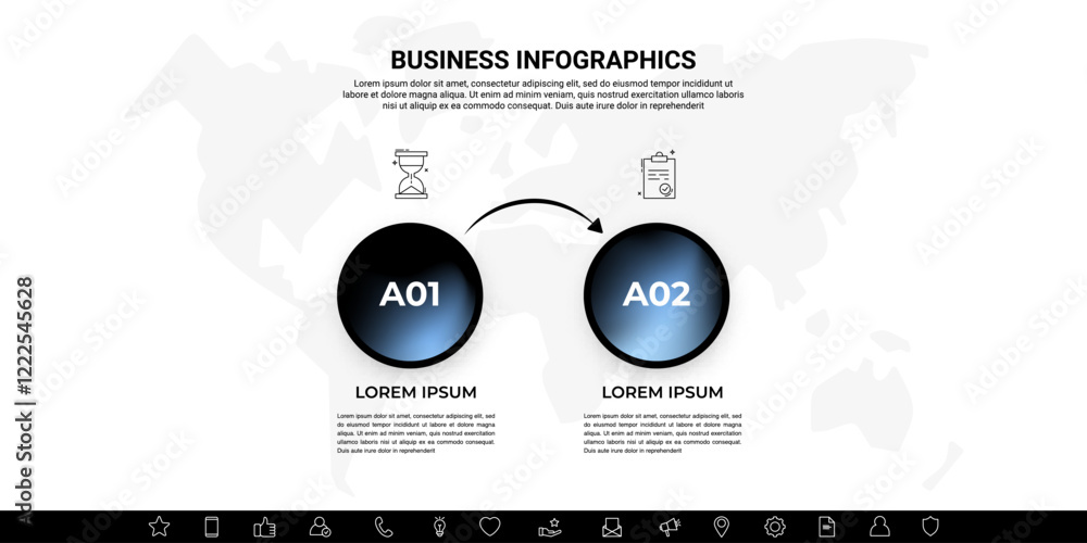 Poster modern business infographic with gradient circular icons – 2 steps workflow template with arrows