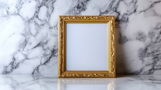 Empty Gold Ornate Frame on Marble Background with Reflection, Mock-up Template
