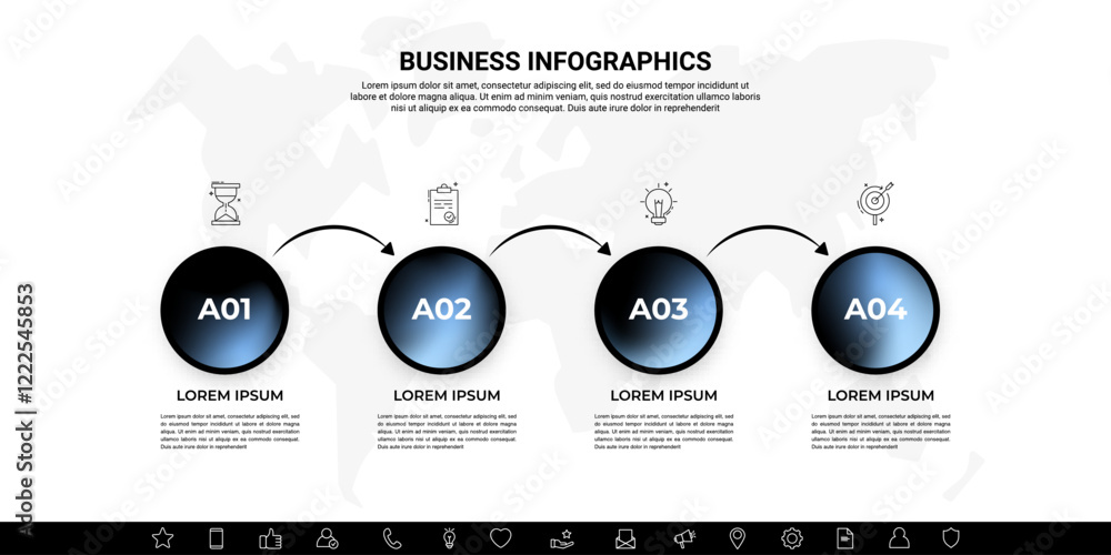 Poster modern business infographic with gradient circular icons – four steps workflow template with arrows