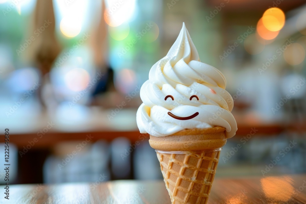 Poster delicious vanilla soft serve ice cream with a happy face in a crispy cone, placed on a table in a bl