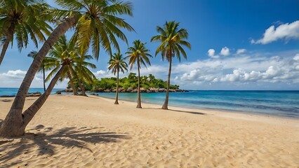 beach with palm tree, coconut tree, sea, tropical, tree, ocean, island, sand, sky, paradise, travel, water