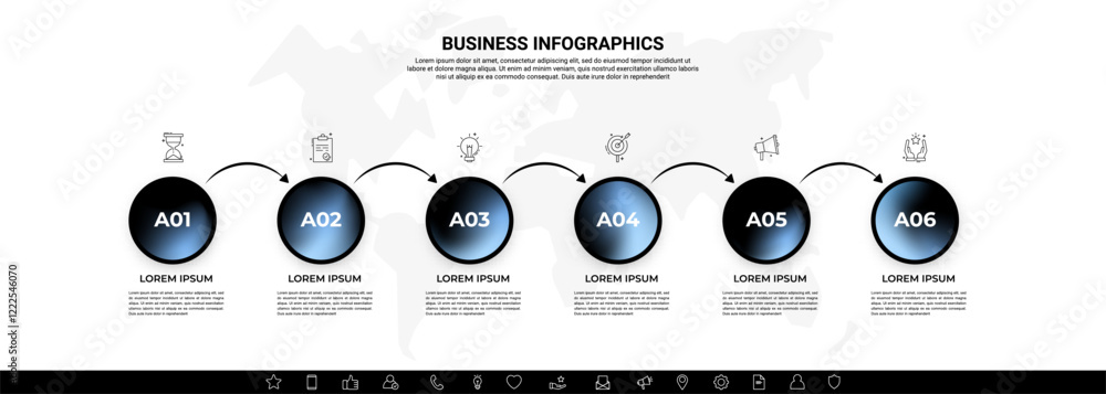 Poster modern business infographic with gradient circular icons and arrows – six steps workflow template.