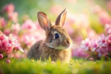 Adorable young bunny rabbit rests peacefully amidst a vibrant field of blossoming pink flowers, enjoying the warm sunlight.