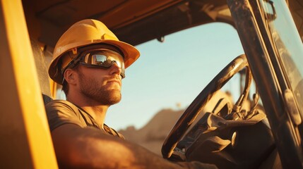 A close-up of a heavy machinery operator in a helmet and protective eyewear, looking out from the cab of an excavator on a construction site, Excavation scene