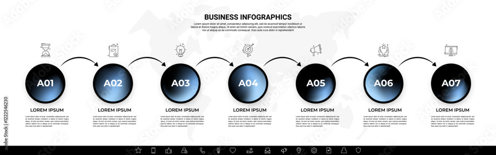 Poster modern business infographic with gradient circular icons and arrows – seven steps workflow template.