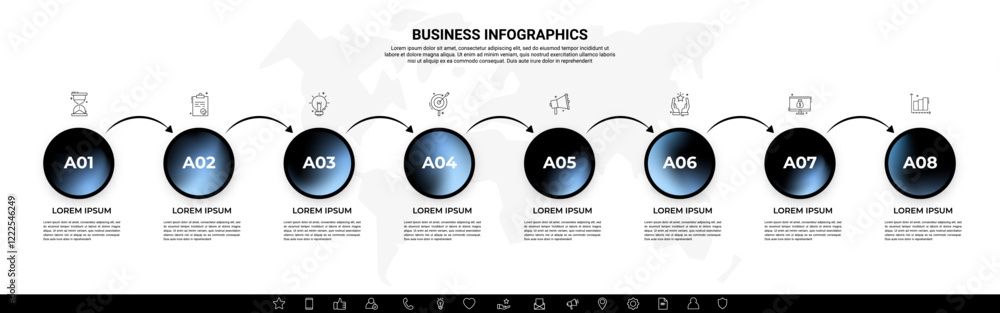 Poster modern business infographic with gradient circular icons – 8 steps workflow template with arrows