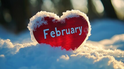 Hello February, Red Heart in Snow with February Text , Hello to The Month of Love February