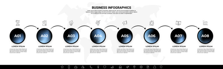 Modern Business Infographic with Gradient Circular Icons – 8 Steps Workflow Template with arrows