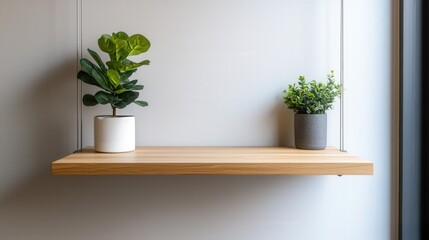 Furniture trendy and minimal innovative, A minimalist wooden shelf displays two potted plants, adding a touch of greenery to a modern indoor space.