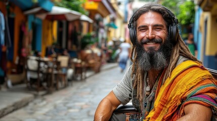Obraz premium A man with long hair and a beard, wearing headphones, sits on a street in a colorful neighborhood. He smiles brightly as people stroll by in the sunshine, creating a lively atmosphere