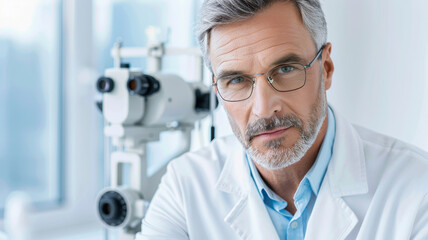 professional ophthalmologist wearing glasses and white coat is standing confidently in modern clinic, with advanced eye examination equipment visible in background