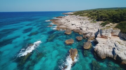 Obraz premium Aerial View of Turquoise Water and Rocky Coastline with Mediterranean Vegetation.