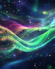 Abstract Cosmic Flow Luminous Wavy Lines with Colorful Bokeh Lights on Dark Background.