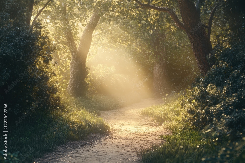 Aufkleber sunlit forest path with golden light rays filtering through trees and foliage.