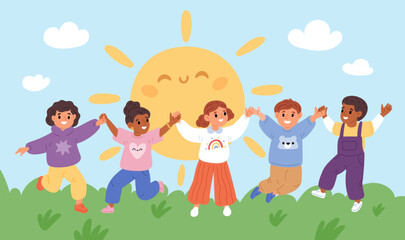 Little friends having fun in clearing. Smiling kids jumping on meadow grass. Happy children holding hands. Funny boys and girls laughing. Excited preschoolers group. Garish vector concept